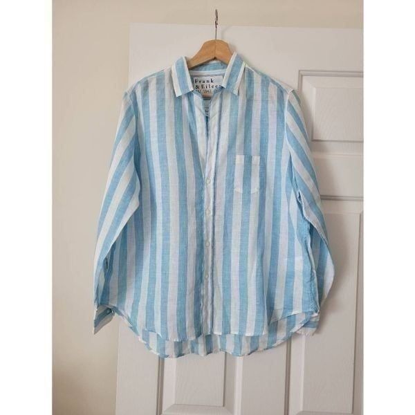 Frank & Eileen Woven Linen Blue Striped Shirt S NWOT