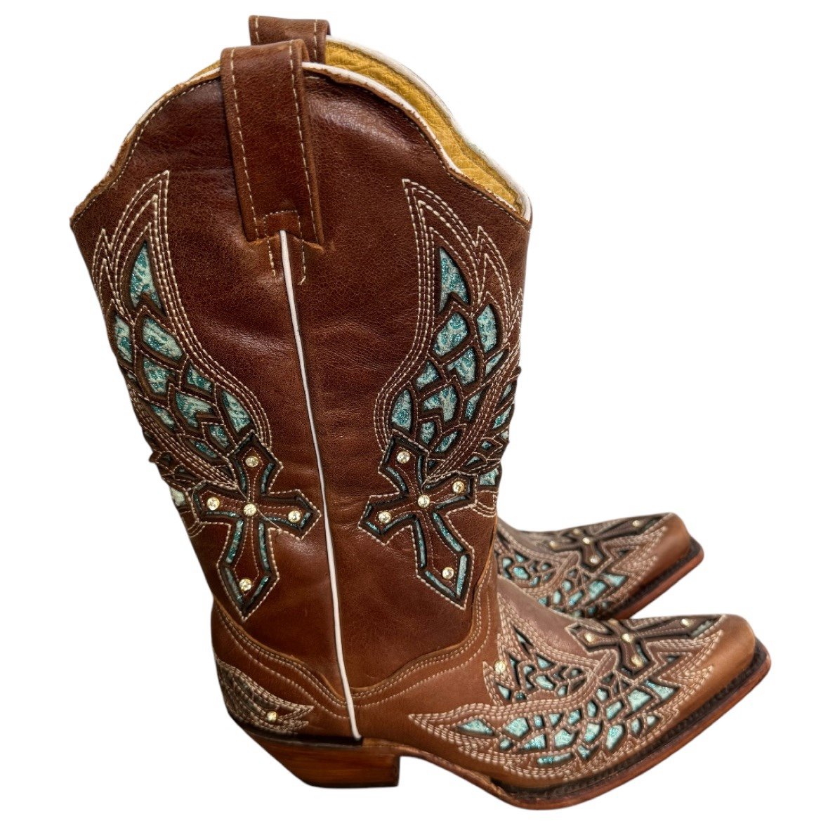 Seven Stars Rhinestone Glitter Wings Crosses Cowboy Boots Size 6