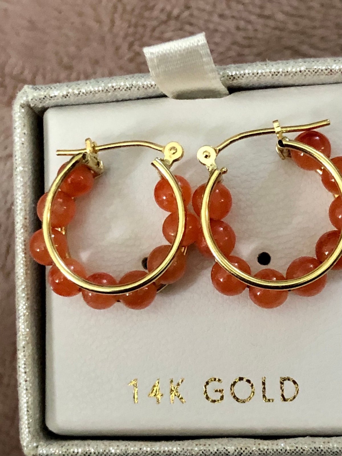 14K Solid Yellow Gold genuine Coral Jade Gemstones Beads amazing Hoops
