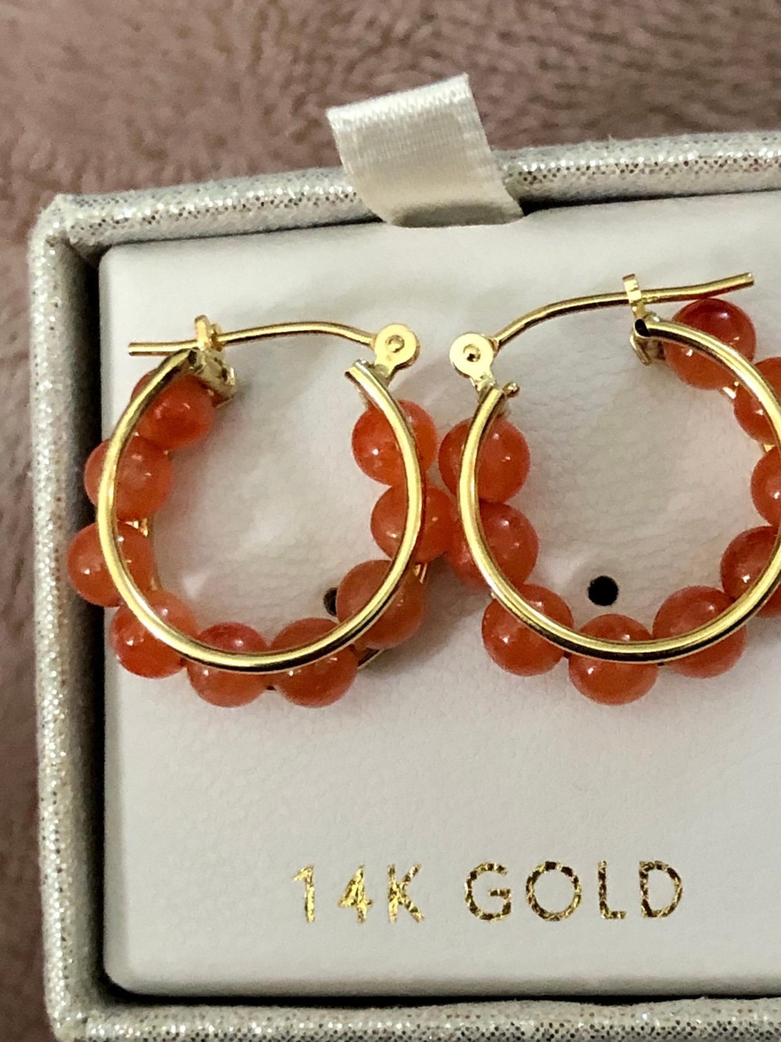 14K Solid Yellow Gold genuine Coral Jade Gemstones Beads amazing Hoops