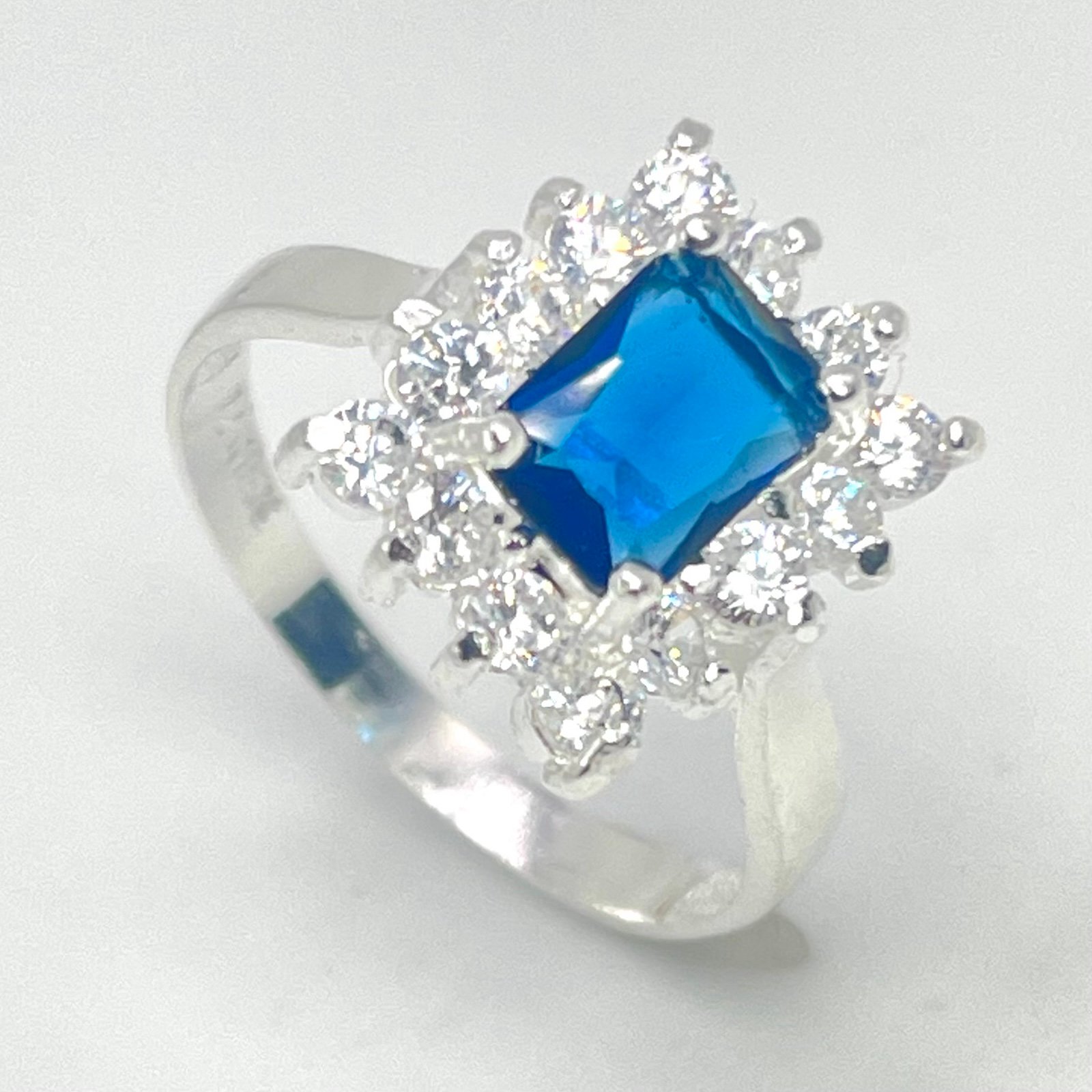 100% Solid 925 Sterling Silver Blue Emerald-Cut CZ Halo Ring