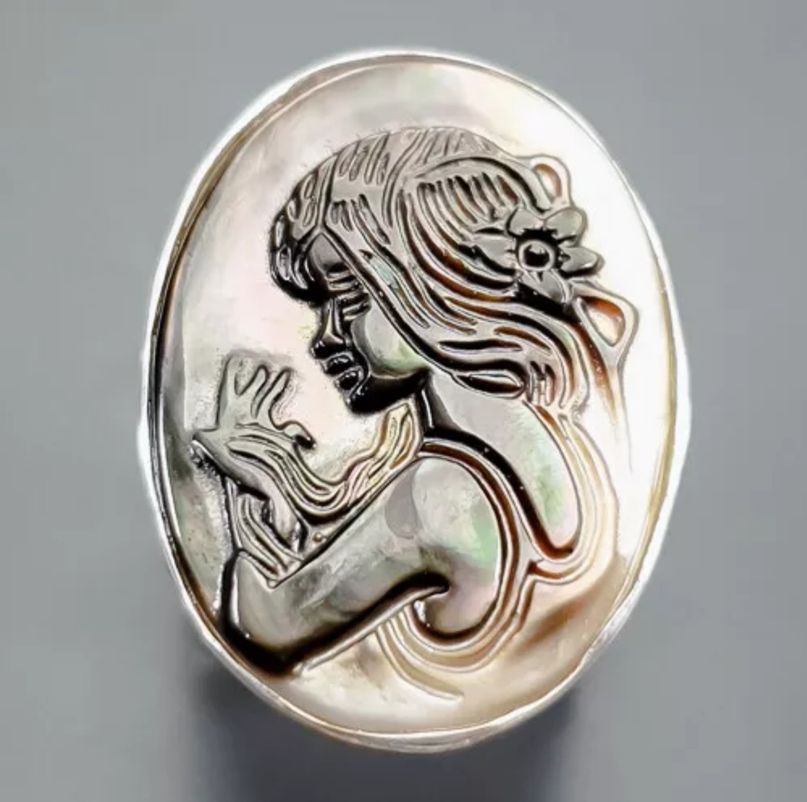 White Gold Plated Sterling Silver 30x32mm Natural Shell Fine Art Cameo Ring 8