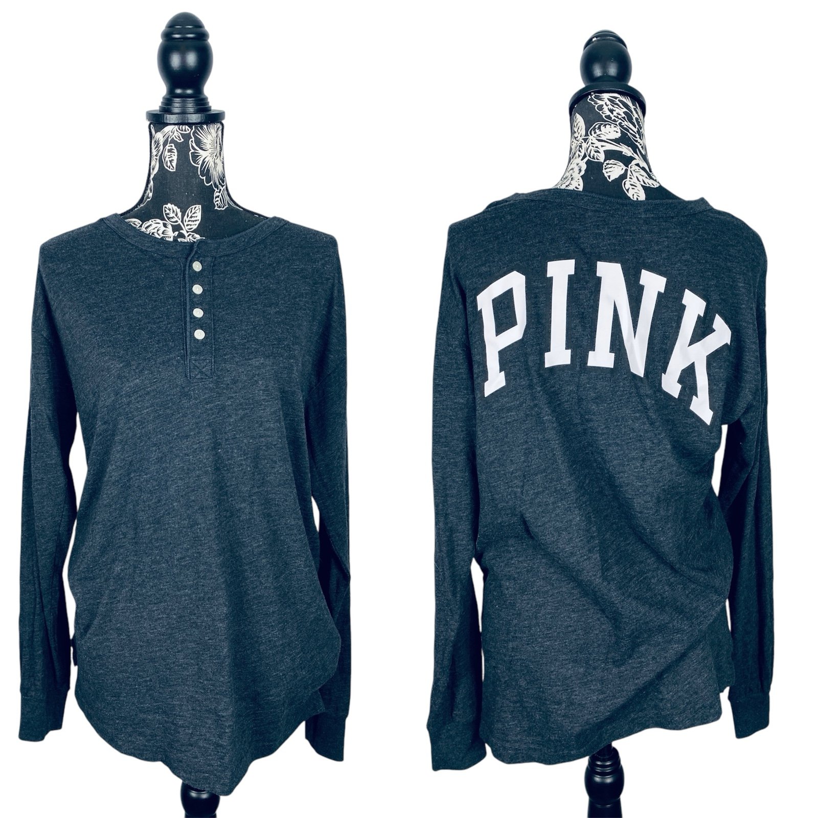 VS Pink dark grey long sleeve large PINK logo oversize loose fit top size small