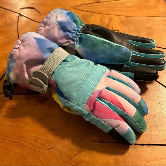 90s Neon Colorblock Ski Gloves Hand Warmer Pocket Snowboard Tie Dye Medium