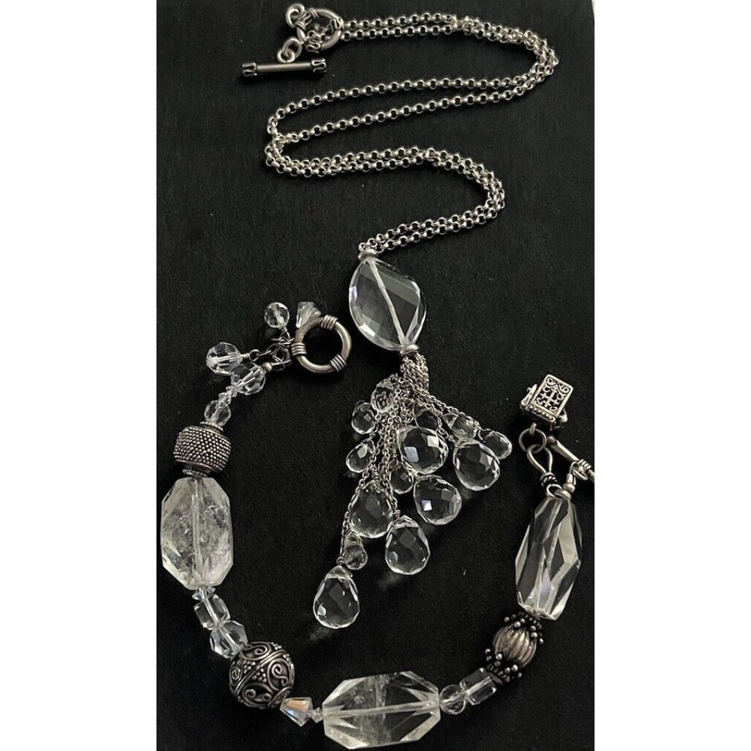 STERLING SILVER Crystal Rock NECKLACE 23” W/Bracelet 7.5” Set