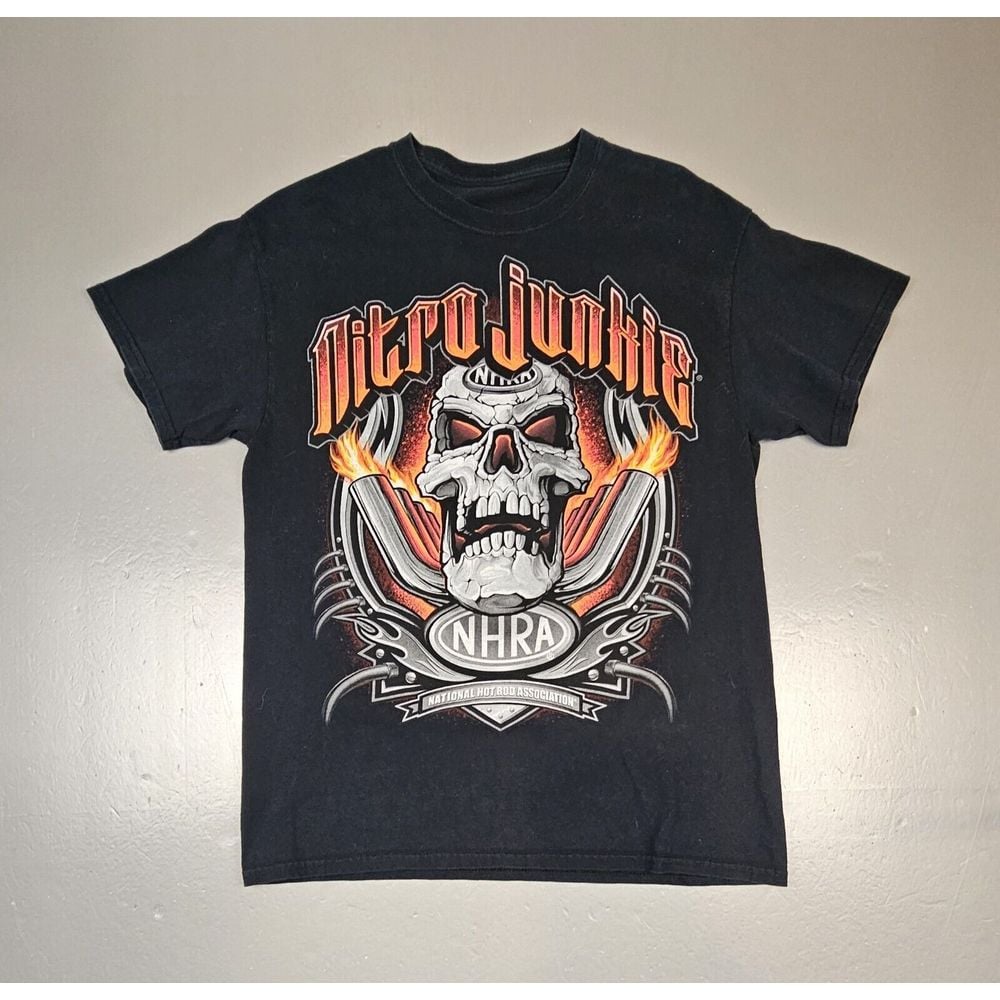 NHRA T-Shirt Mens Large. Vintage Nitro Junkie Skull Grunge Racing Double Sided