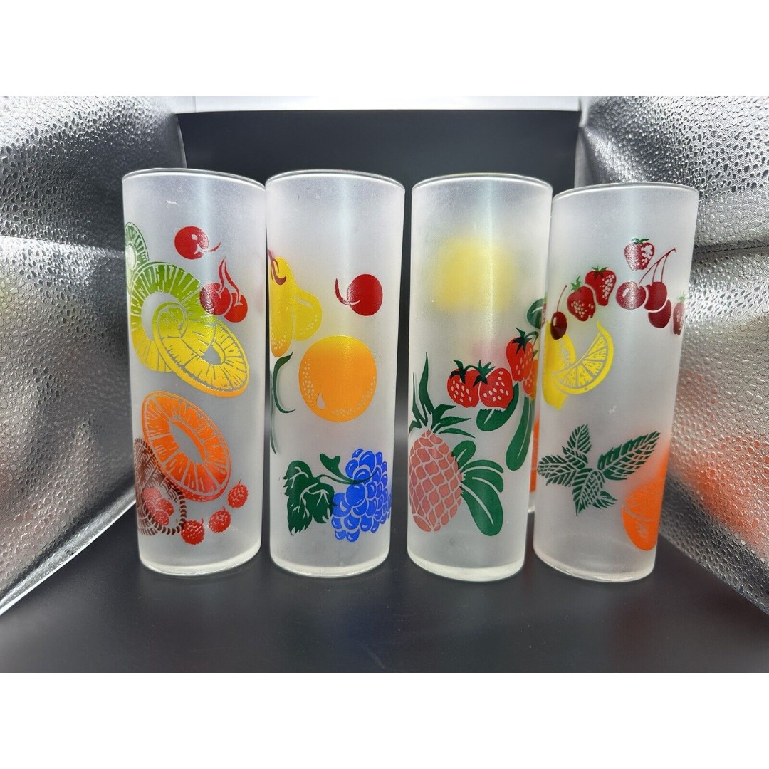 Vintage Federal Glass Frosted Fruit Tom Collins Glasses 6 Pieces Retro