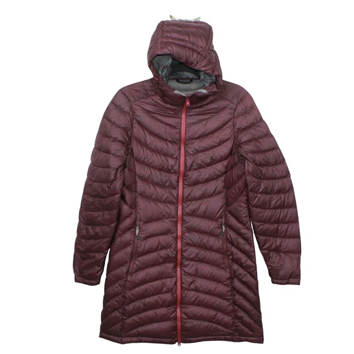 LL Bean Ultralight 850 Down Hooded Coat Three Quarter Length Dark Plum Small