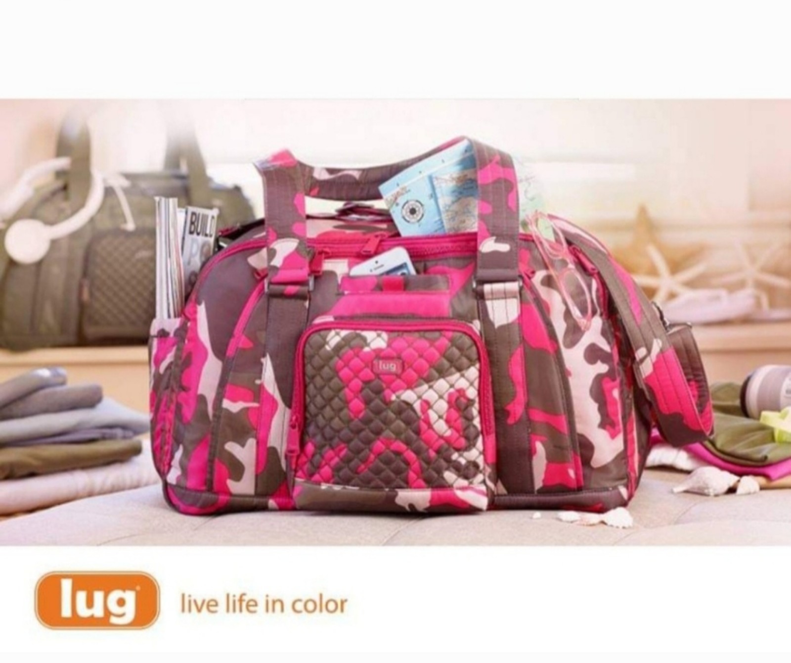 {Sold Out} Lug East/West Overnight Bag With RFID - Propeller In Pink/Camouflage