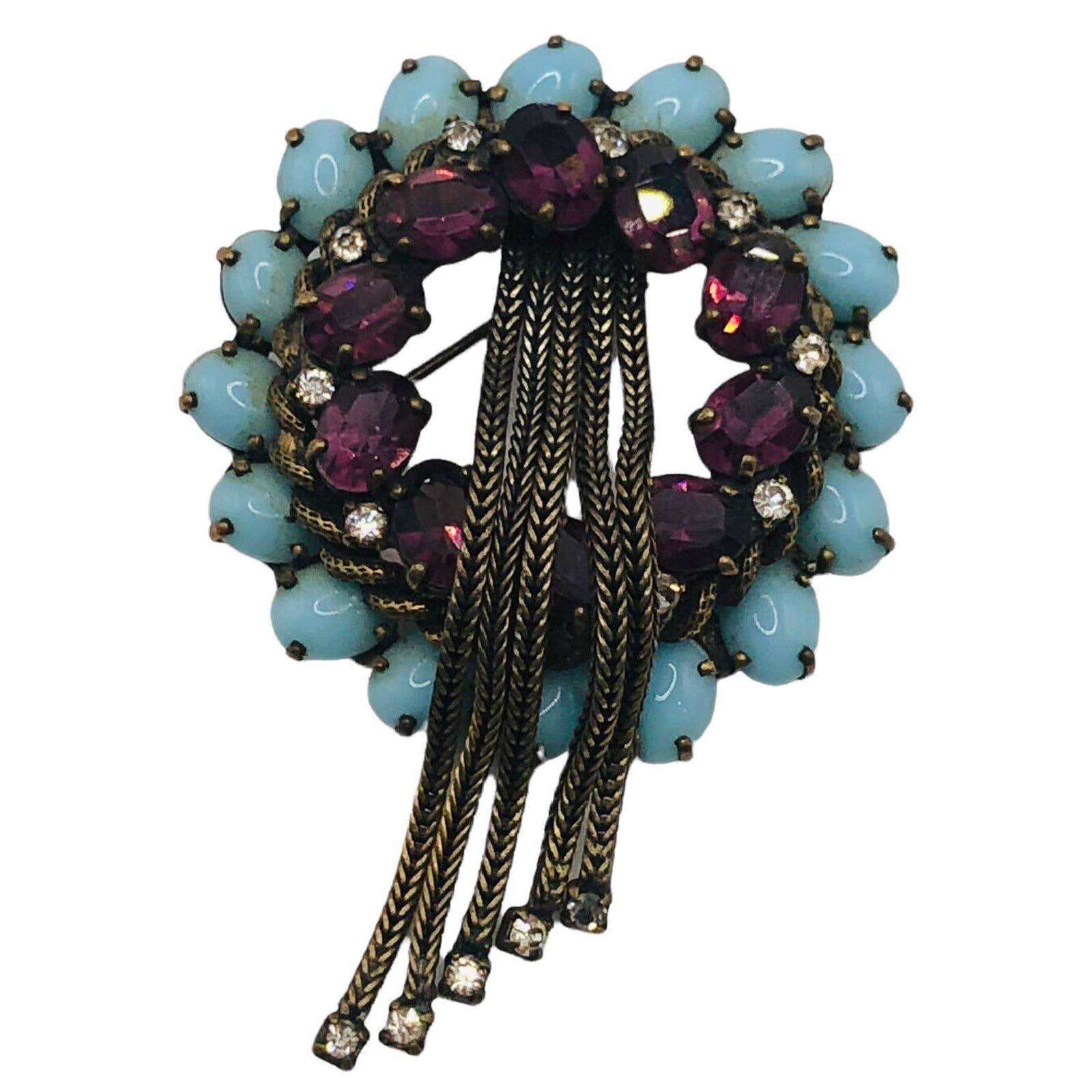 Weiss Prong Set Turquoise Cabochon Amethyst Crystal Chain Dangle Brooch Pin