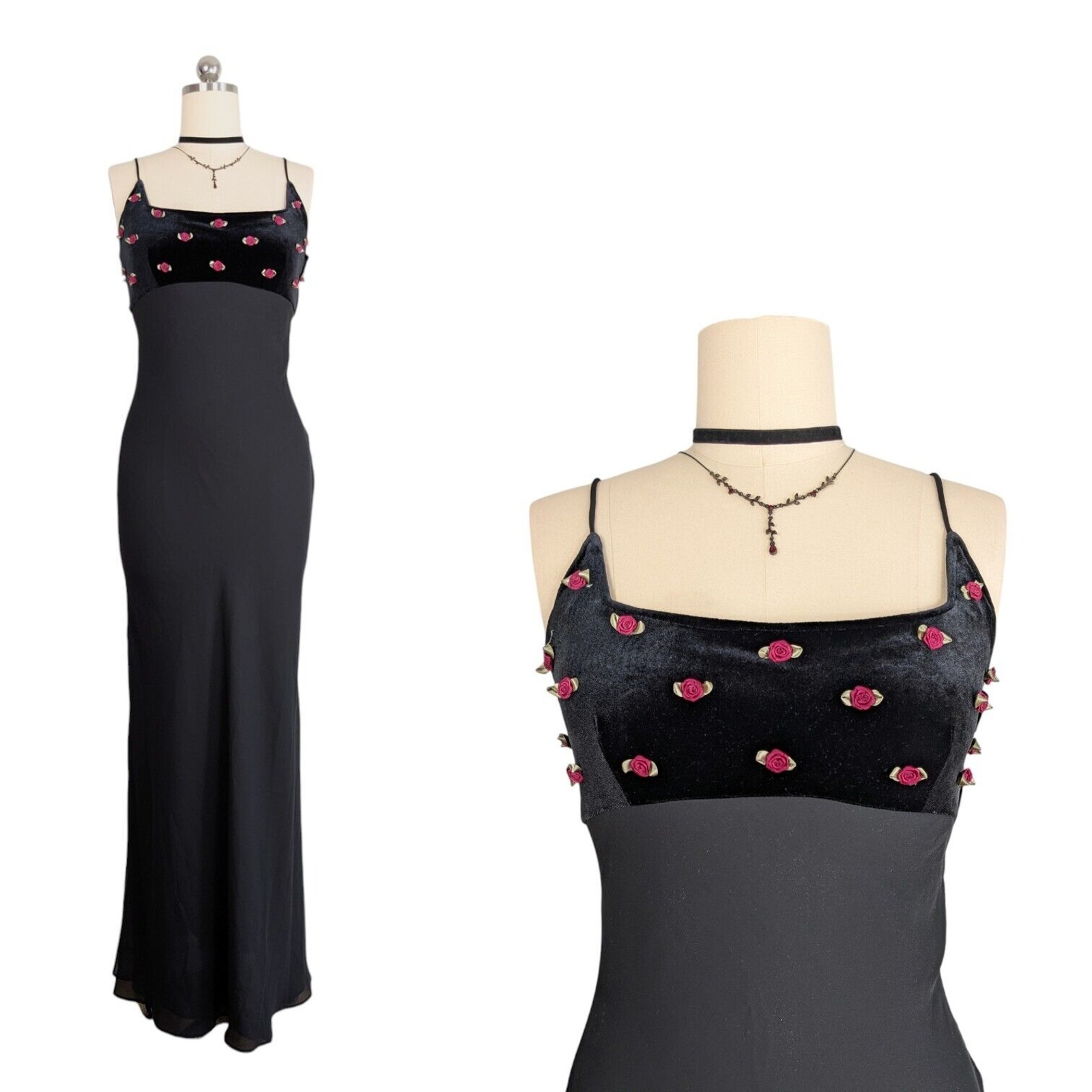 Vintage Zum Zum Prom Dress Maxi Gown 14 Black Velvet Goth 90s Y2K Floral Grunge