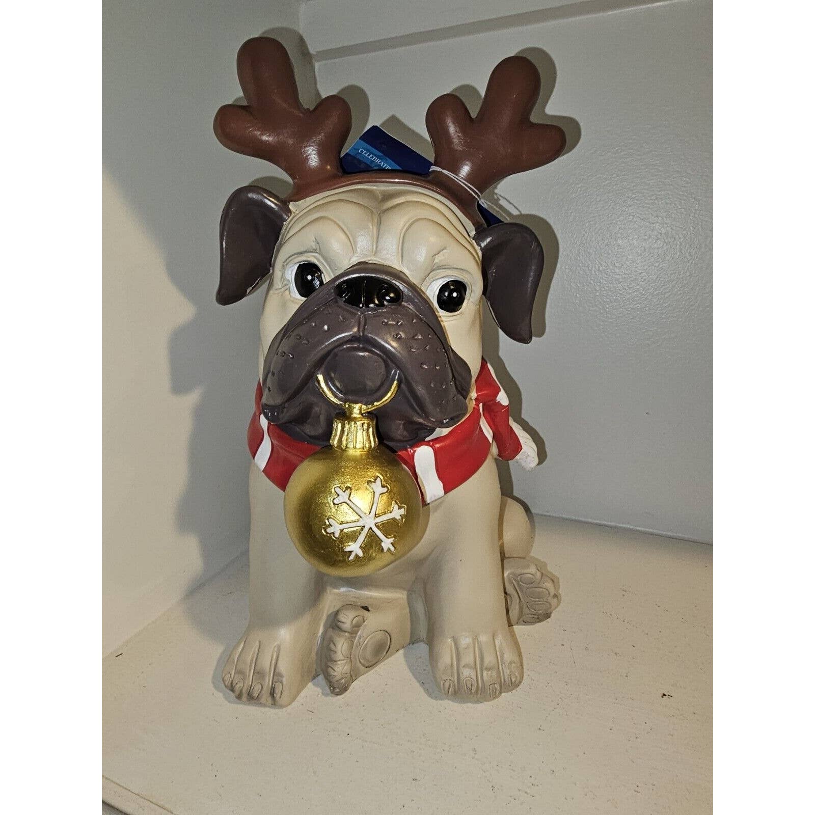 Christmas French Bulldog Statue With Scarf ,Reindeer Antlers and Bell in Mouth.