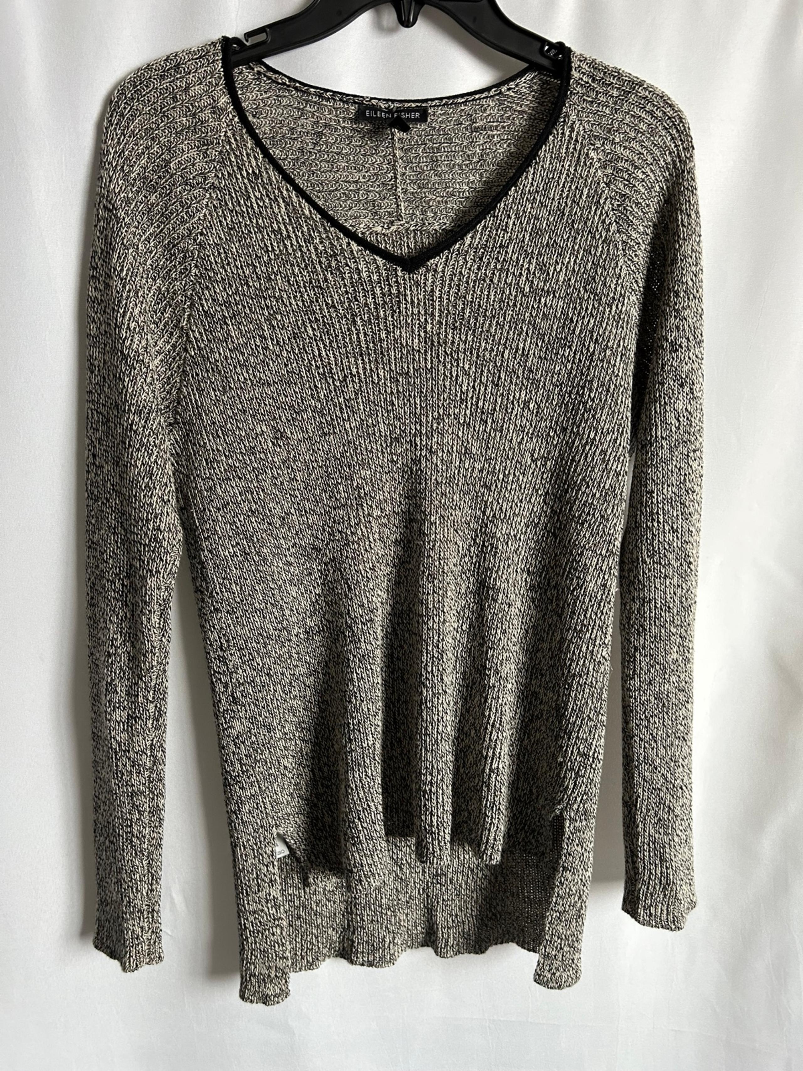 S Eileen Fisher black cream marbled linen wool blend sweater EUC