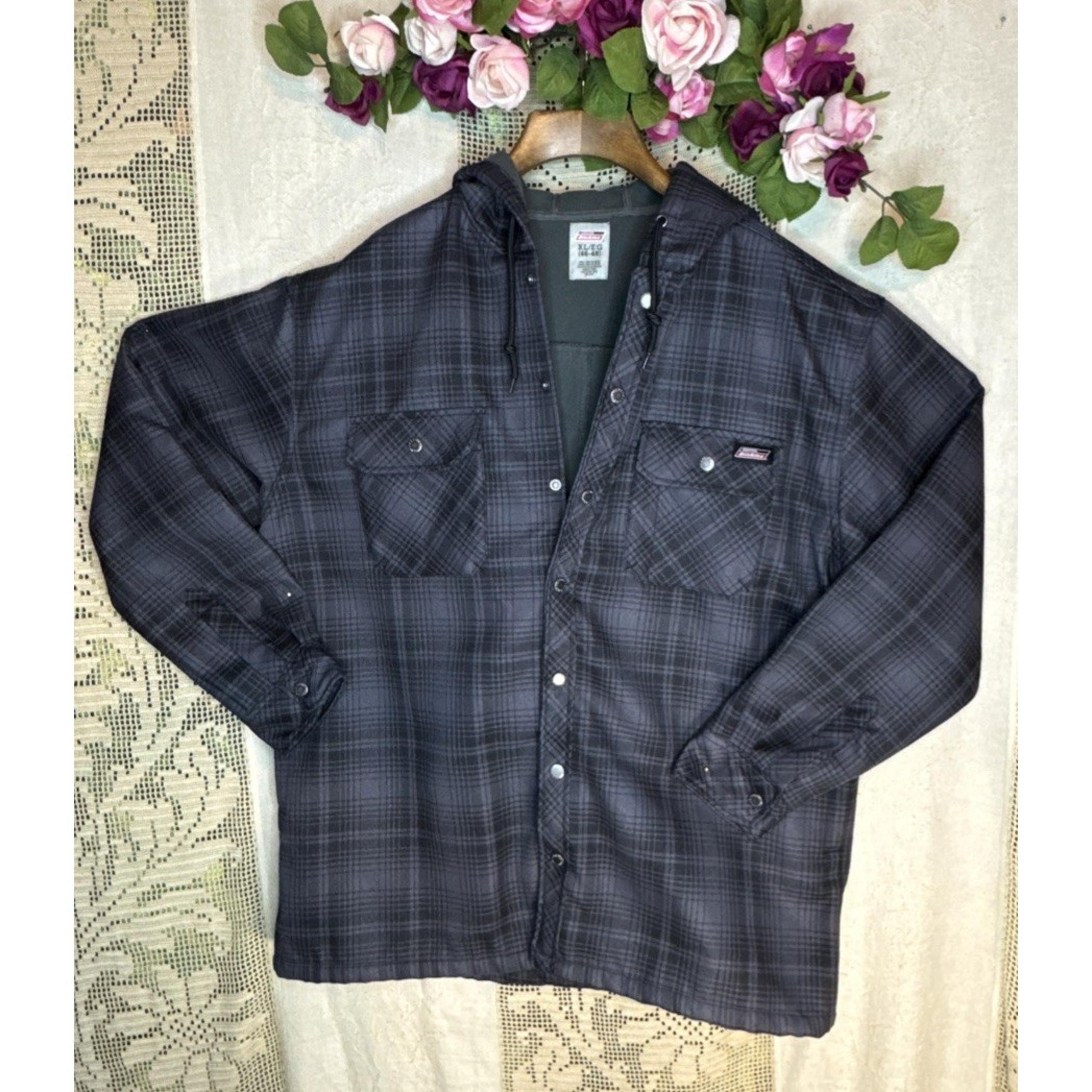 Dickies Jacket Mens XL 46-48 Plaid Fleece Lined Hooded Gray Black Shacket