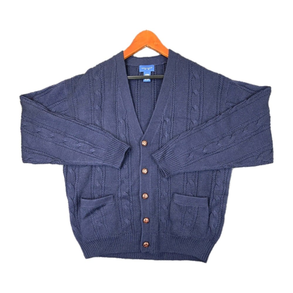 Vintage Towncraft Cardigan Sweater Cable Knit Button Up Blue Acrylic Mens Size L