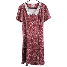 Vintage Midi Dress Floral Lace Up Back Prairie Cottage Pocket Knit Cotton 10