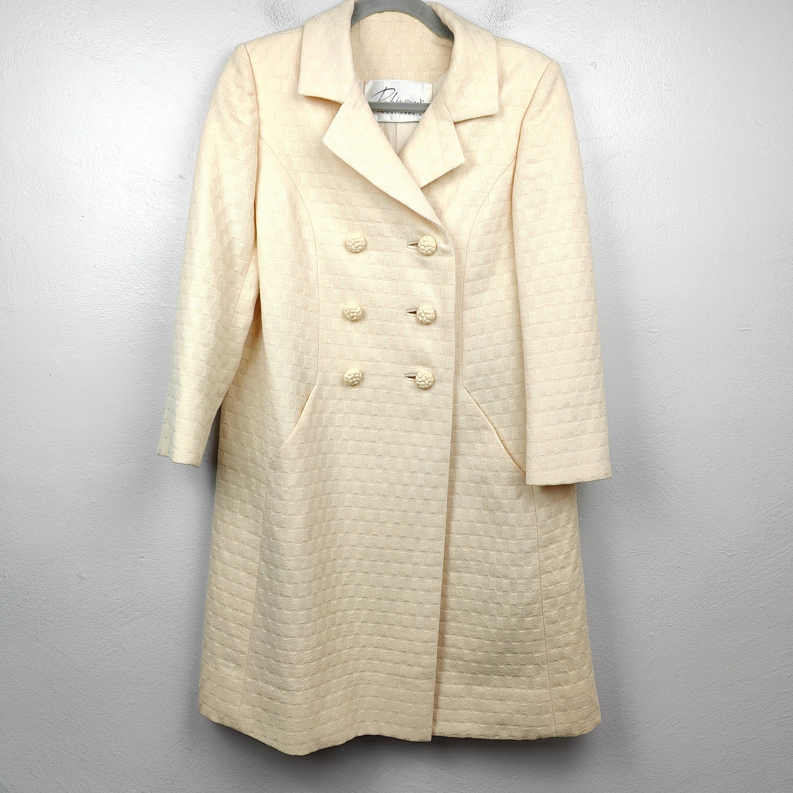 Vintage Robinsons Pea Coat Womens Small Cream Textured Knit 50s 60s Retro Mod