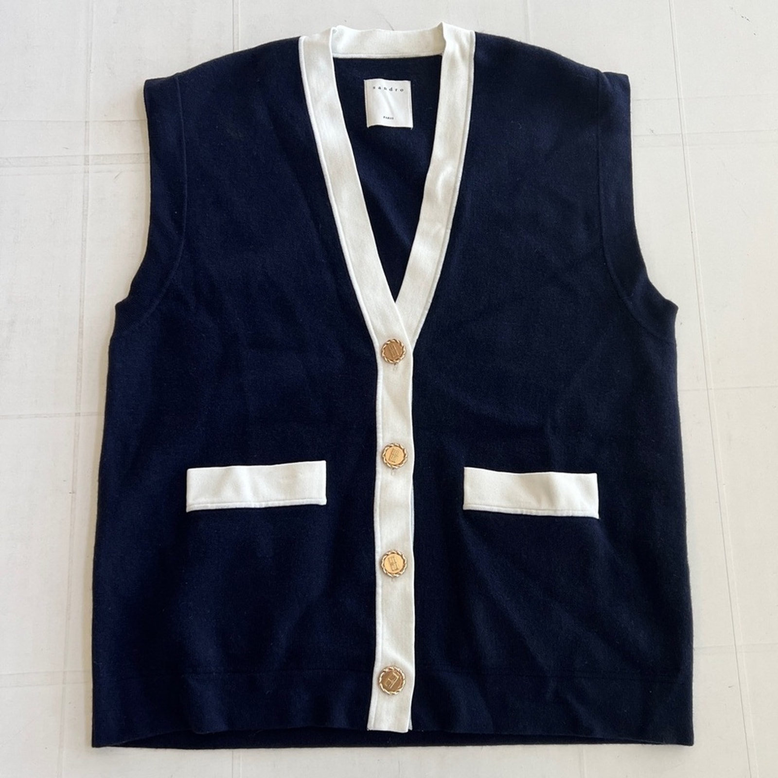 SANDRO Myriam Sleeveless Knit Cardigan with Gold Buttons SIZE 2 (US 6/M)