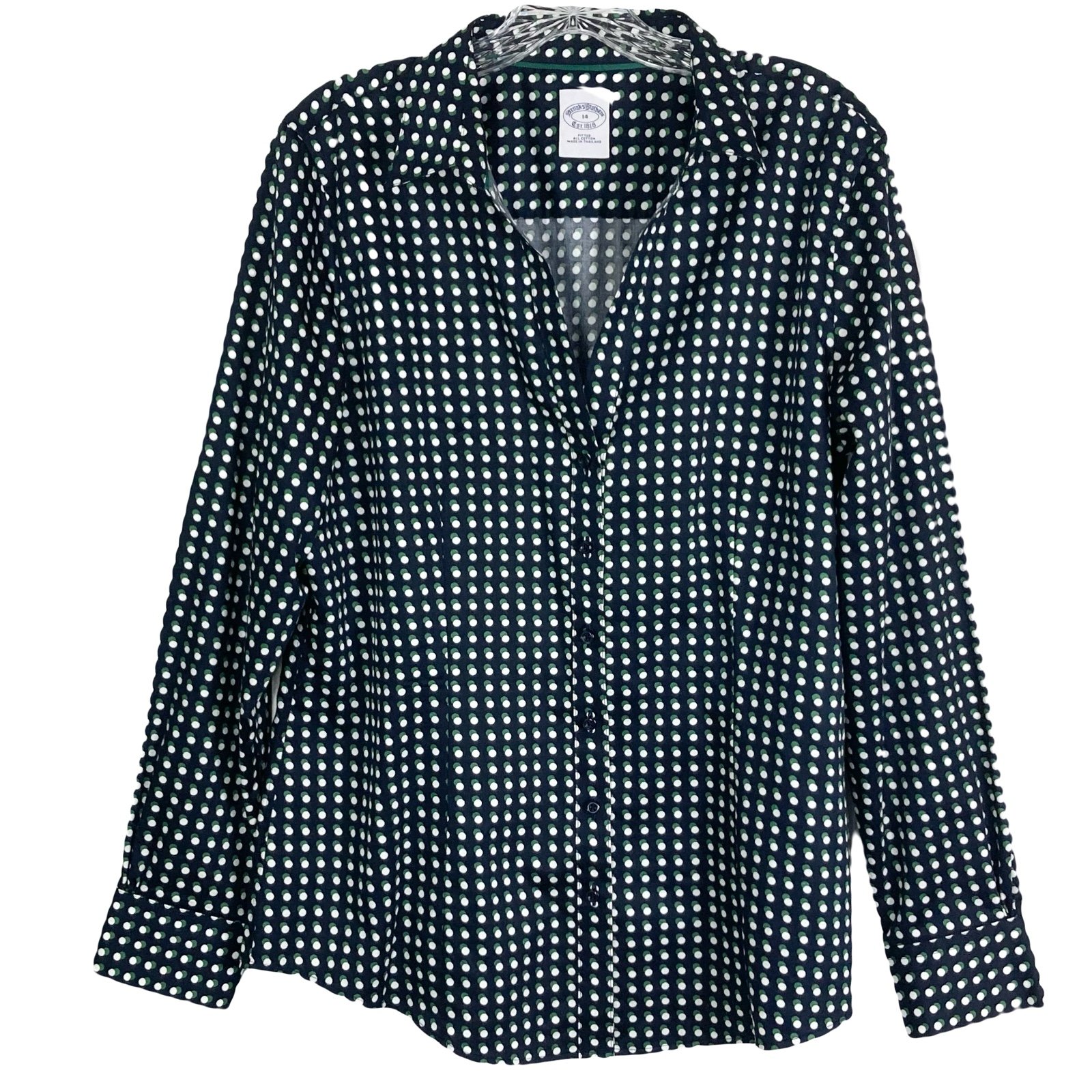 NWOT BROOKS BROTHERS Shirt Women 14 Geo Print Button Long Sleeve Black Green