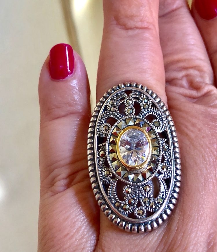 Giant Sterling 14k Marcasite CZ Ring