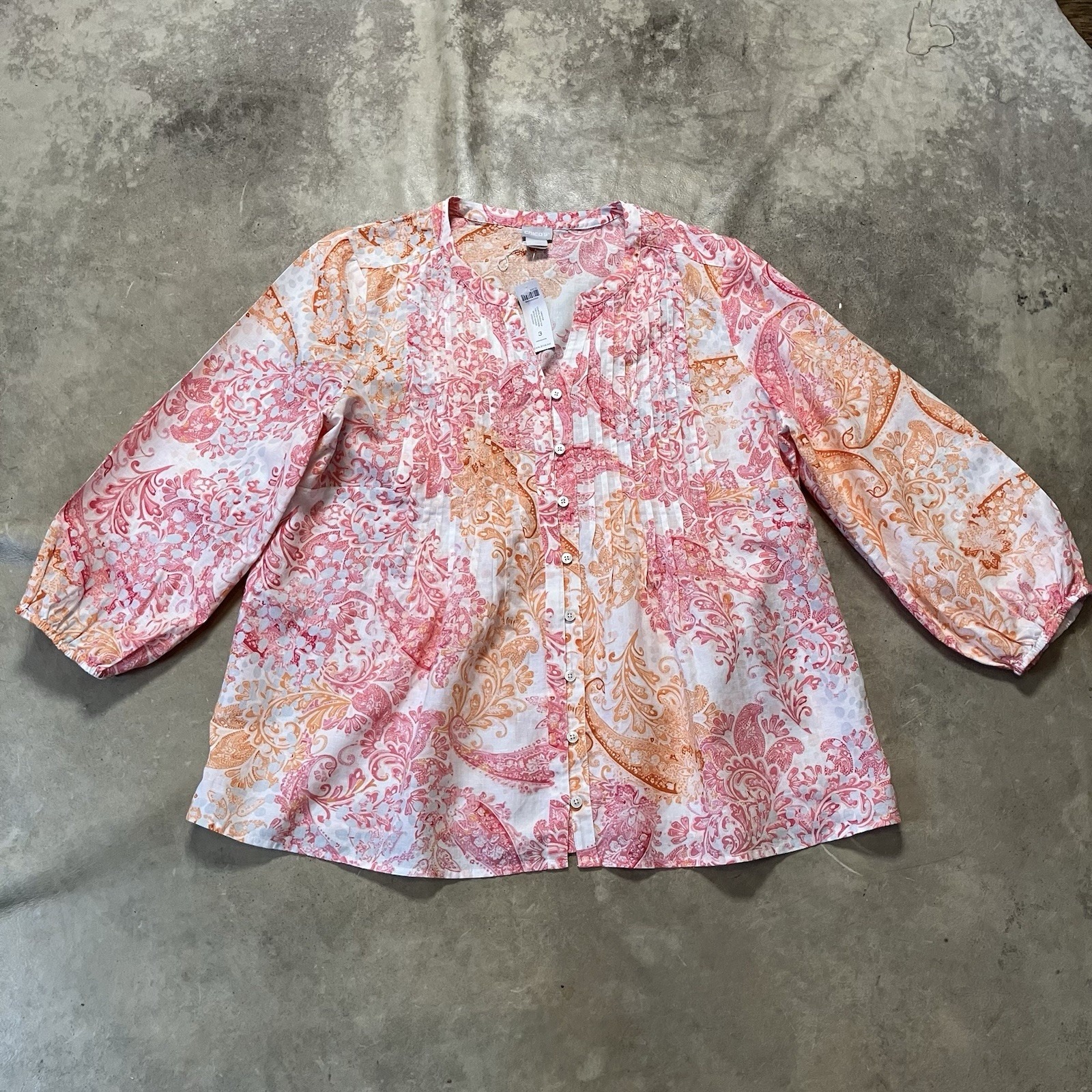 Chicos Shirt Womens Sz 3/16 18 Linen Coastal Paisley Seville Orange Top
