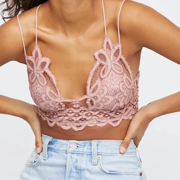One Adella Bralette Ballet Lace Boho Mauve S NWT Strappy Crochet