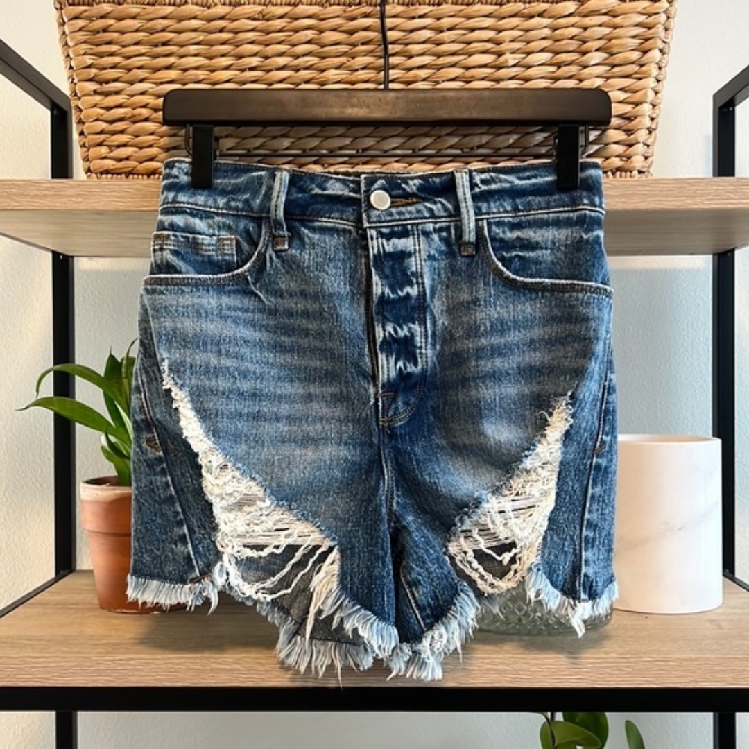 Good American Bombshell Denim Jean Shorts Distressed Highrise Raw Hem Size 00/24