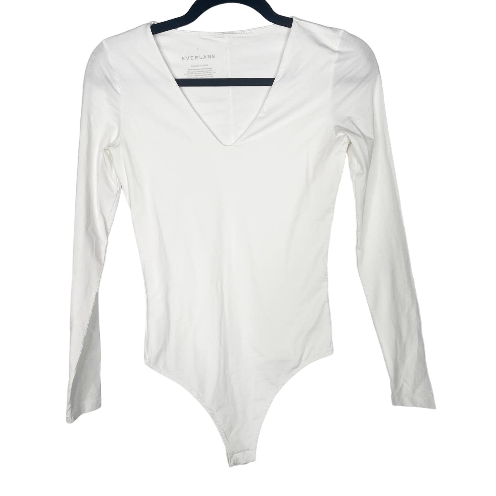 Everlane Womens S White Long Sleeve V Neck Bodysuit Supima Cotton Thong Snap