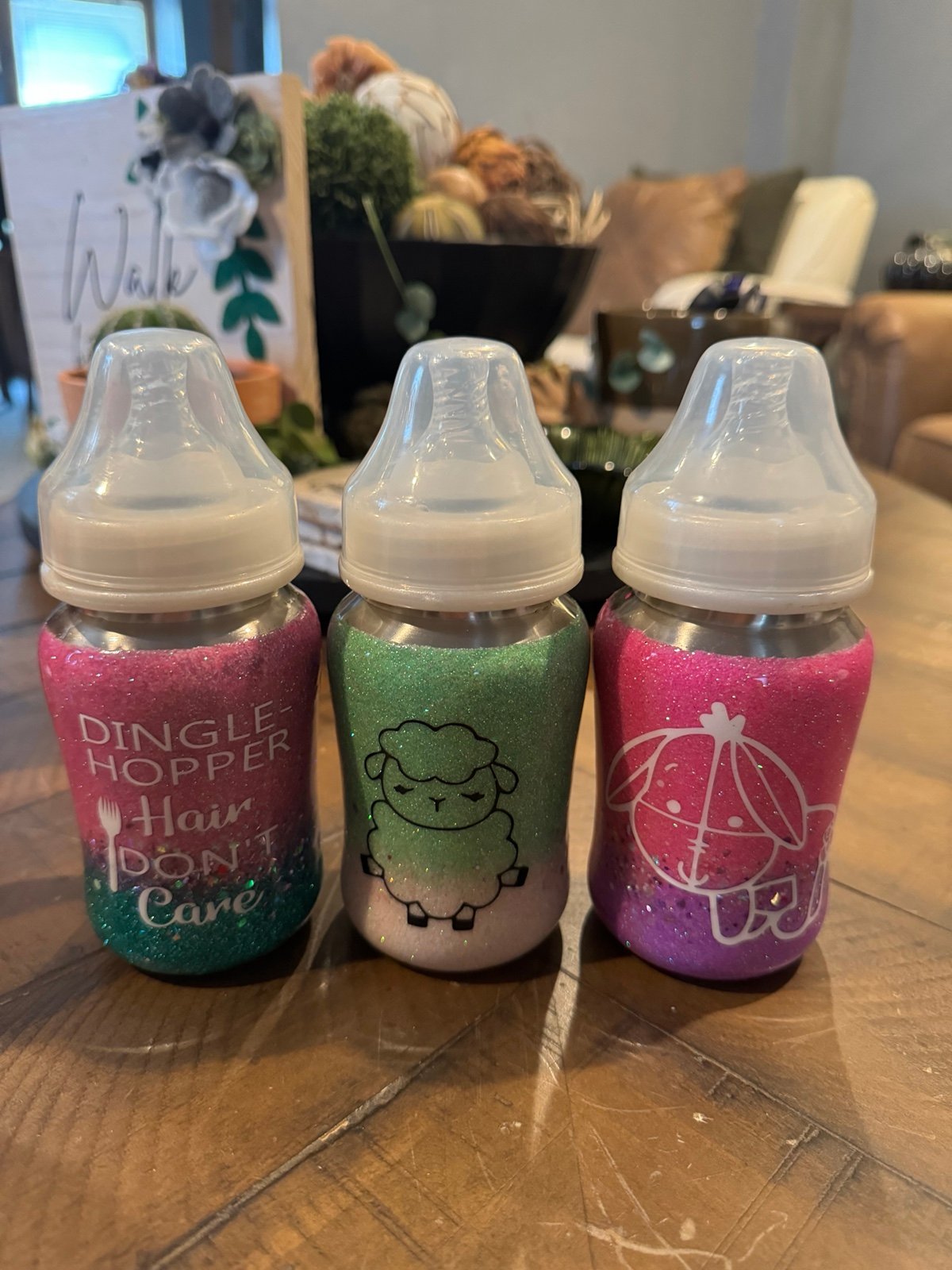 Three stainless steel baby bottles, glittered, hand made, new