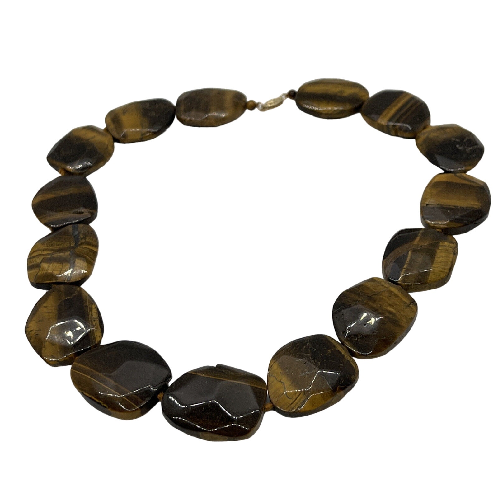GSJ Signed 14k Gold Tigers Eye Necklace Chunk Stone Heavy Statement 18” Strand