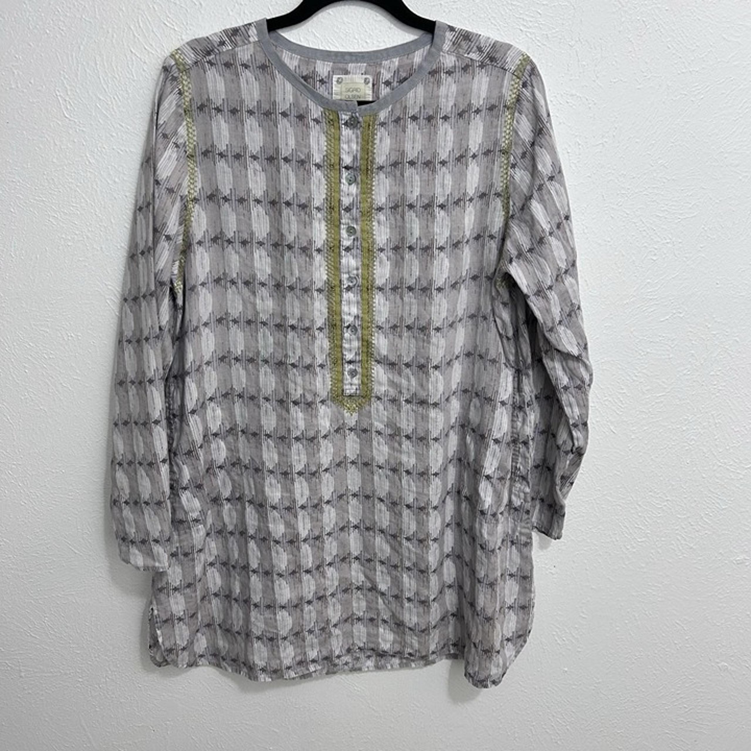 Sigrid Olsen Embroidered Linen Tunic Top Gray Lagenlook Coastal 1/2 Button Up L