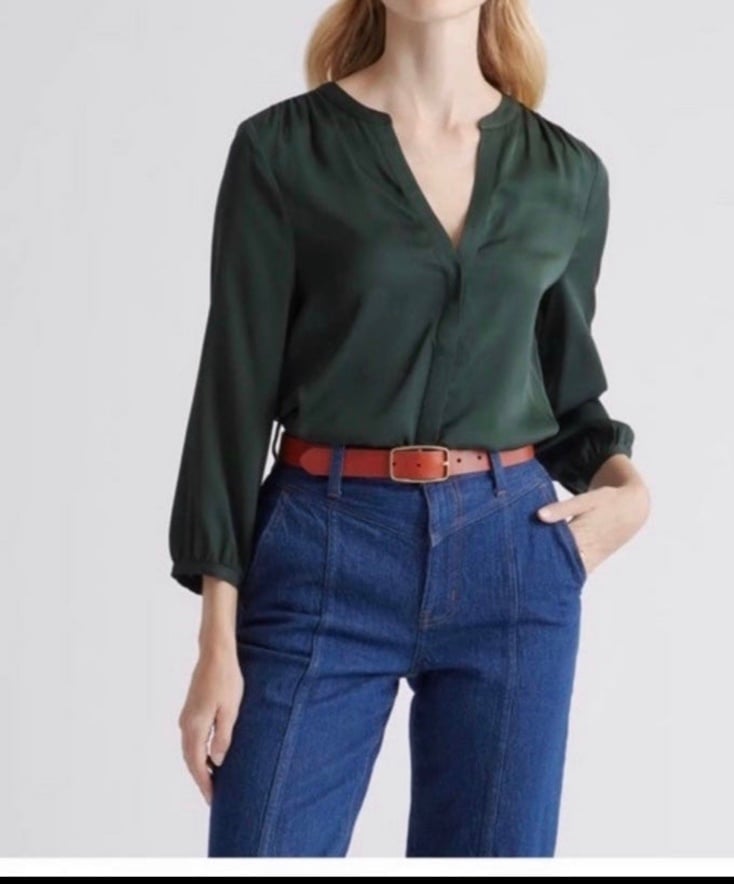 Quince Washable Stretch Silk Pleat Back Blouse forest green sz M
