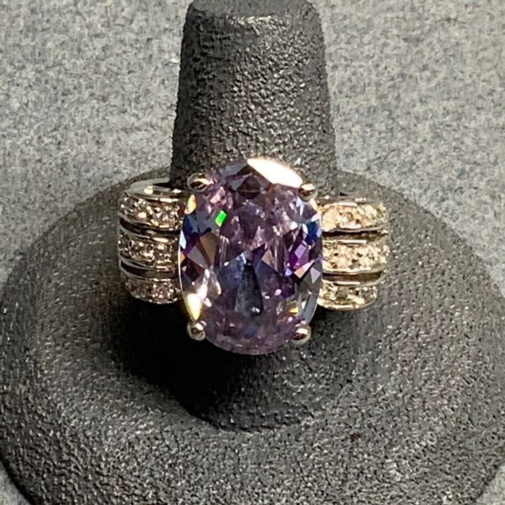 Oval Cocktail Ring Size 9 Purple Rhinestone Detailed Side Silver Bling Drag Glam