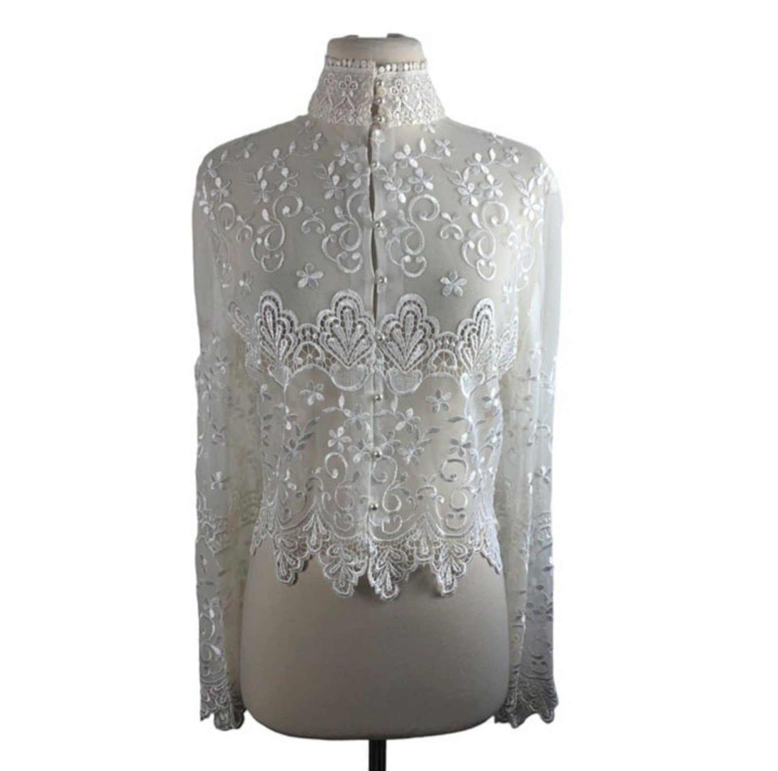 Vintage Victorian Jessica McClintock Womens Bridal White Lace Blouse Size 14 L