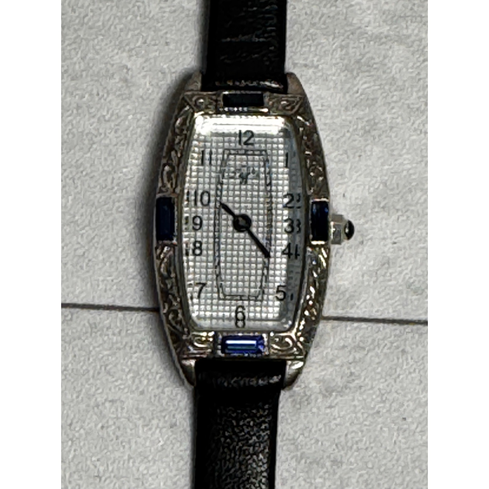 Women Sterling Silver Case Wristwatches Blue Stone Black Leather Strap
