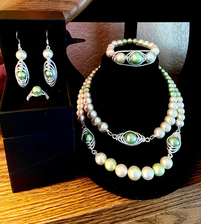OOAK Handcrafted Wire Wrapped, Green Pearl, Silvertone Herringbone Jewelry Sets