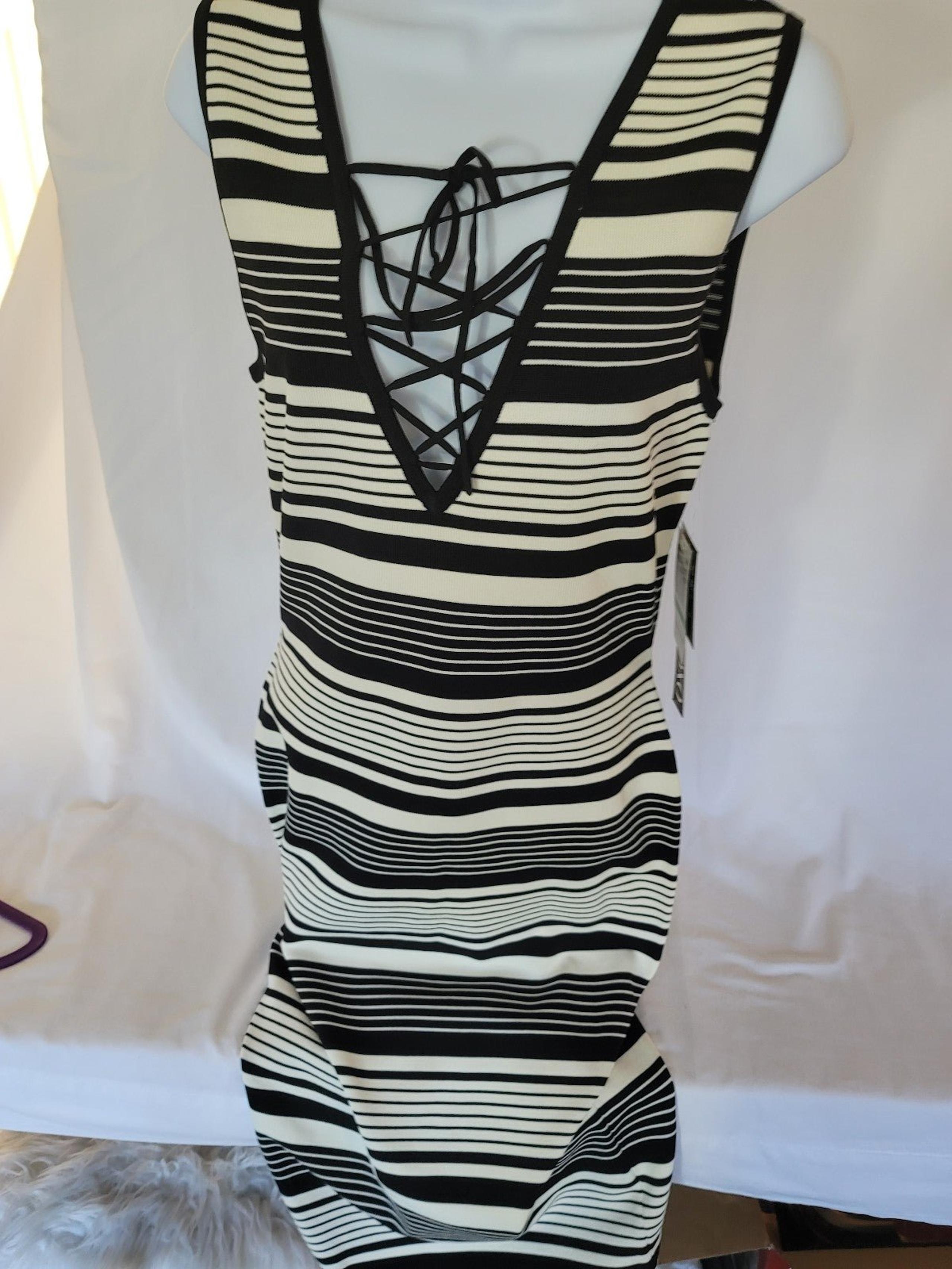 Brand New XOXO Knee Length Dress Ivory and Black Striped Size Large RN 39831.