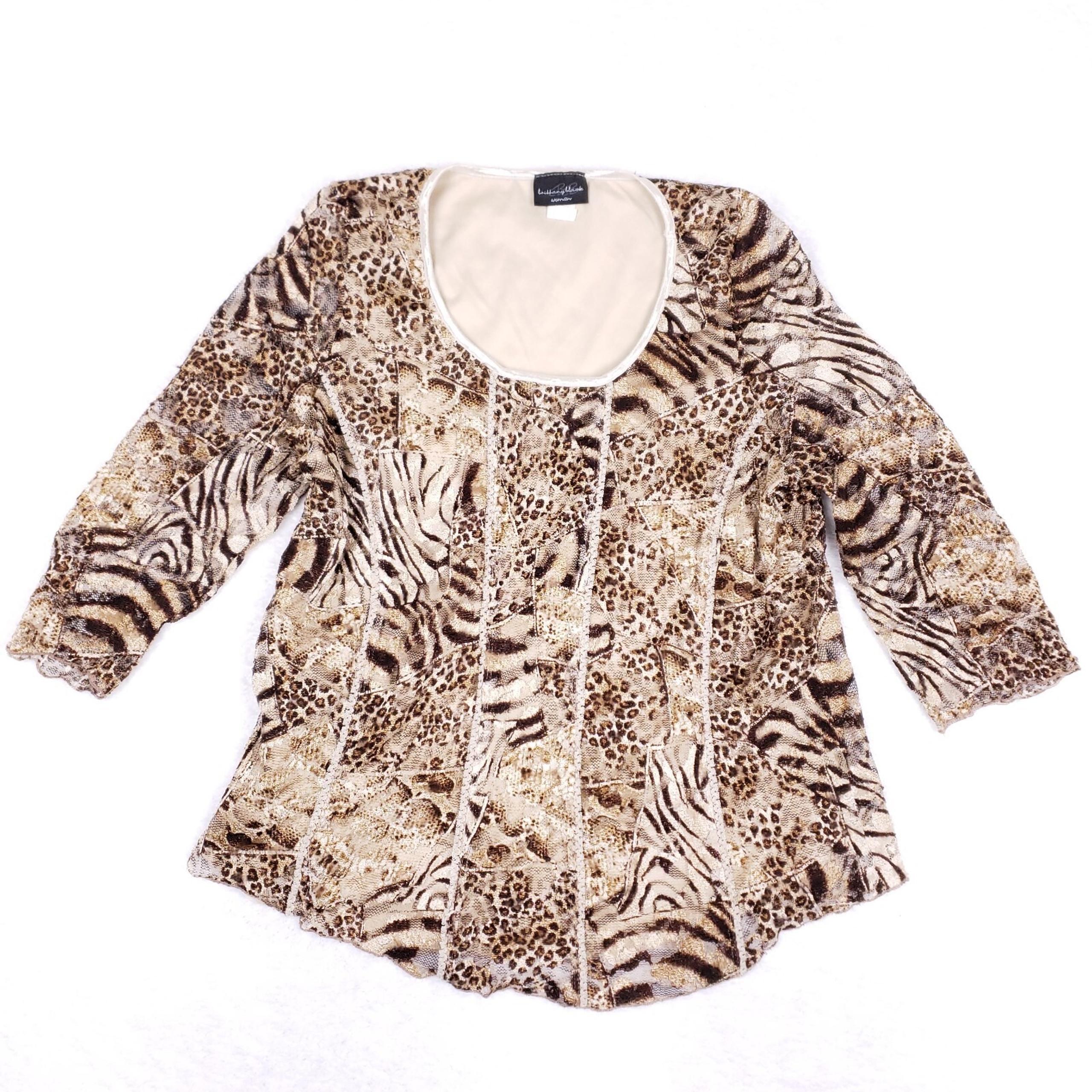 Brittany Black Top 2X Animal Print 3/4 Sleeve Scoop Neck Boho Chic Blouse Zebra