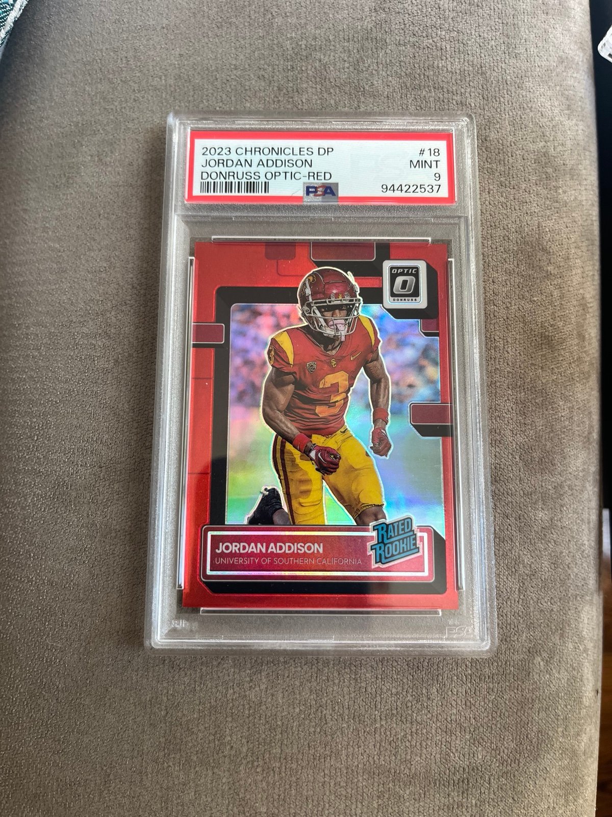 2023 Optic JORDAN ADDISON Red Prizm /149 RC JERSEY # 3/149 PSA 9 USC Vikings. PS