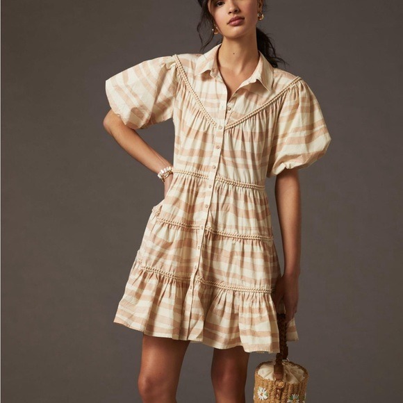 Anthropologie Let Me Be Embroidered Tiered Dress Puff Sleeve XXS