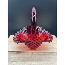 Fenton Ruby Red Hobnail Ruffled Basket Vintage Amberina Glows