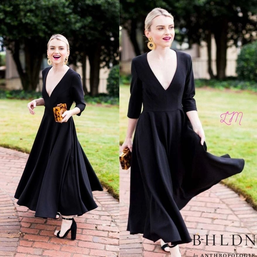 BHLDN Anthropologie Valdis Black Deep V Crepe 3/4 Sleeves Tea Length Dress 4