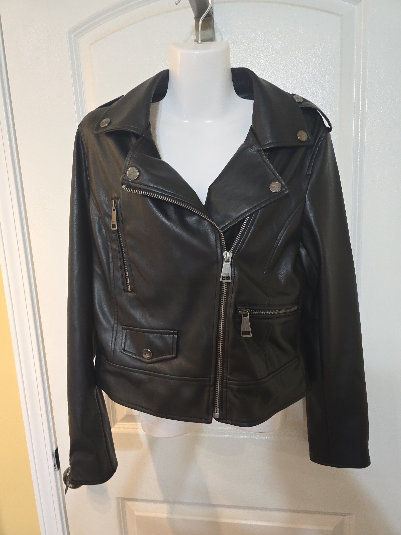 DKNY Men's Leather Motorcycle Jacket, Black, Medium at