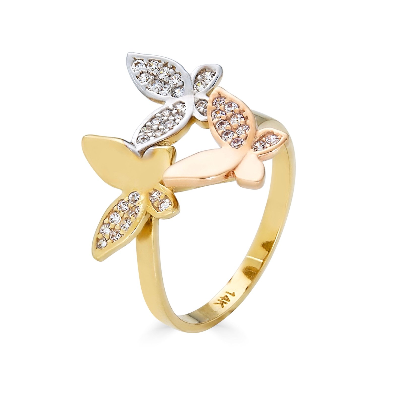 14 K THREE-TONE GOLD BUTTERFLY RING WITH C.Z. ACCENT SIZE 7