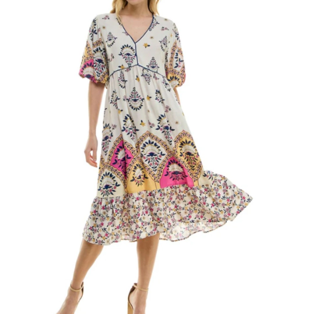 Figueroa & Flower Printed V-Neck Puff Sleeve Midi Dress Size Large Linen Blend