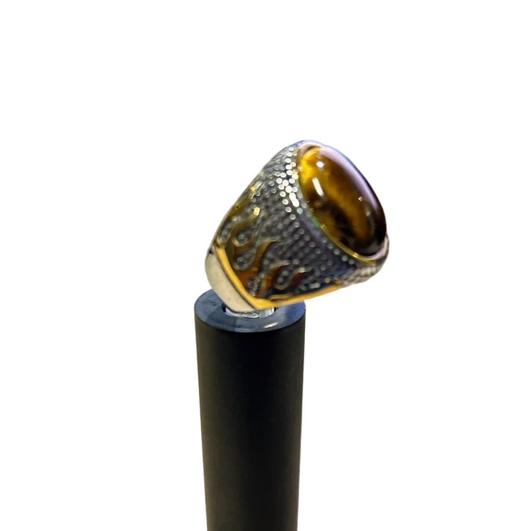 Men's Stainless Steel Ring with Natural Tiger Eye Stone, NWOT, Size 10