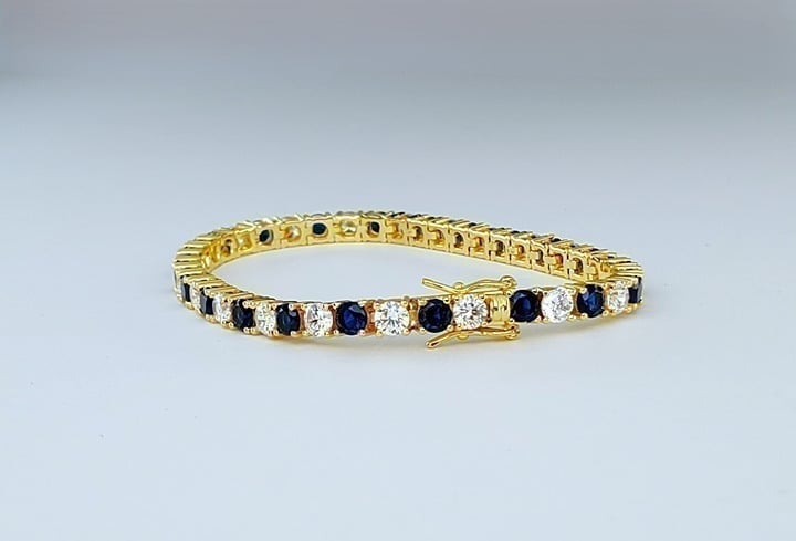 Mens 14K Gold 2ct Blue Sapphire Gemstone Diamond Tennis Bracelet 6.5 Jewelry