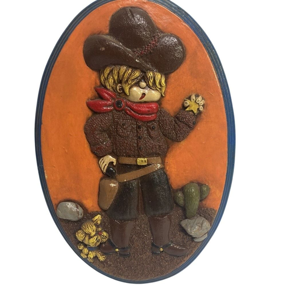 Vintage Cowboy Dog Sheriff 3D Chalk ware Plaster Sculpture Wall Plaque 10 x 7