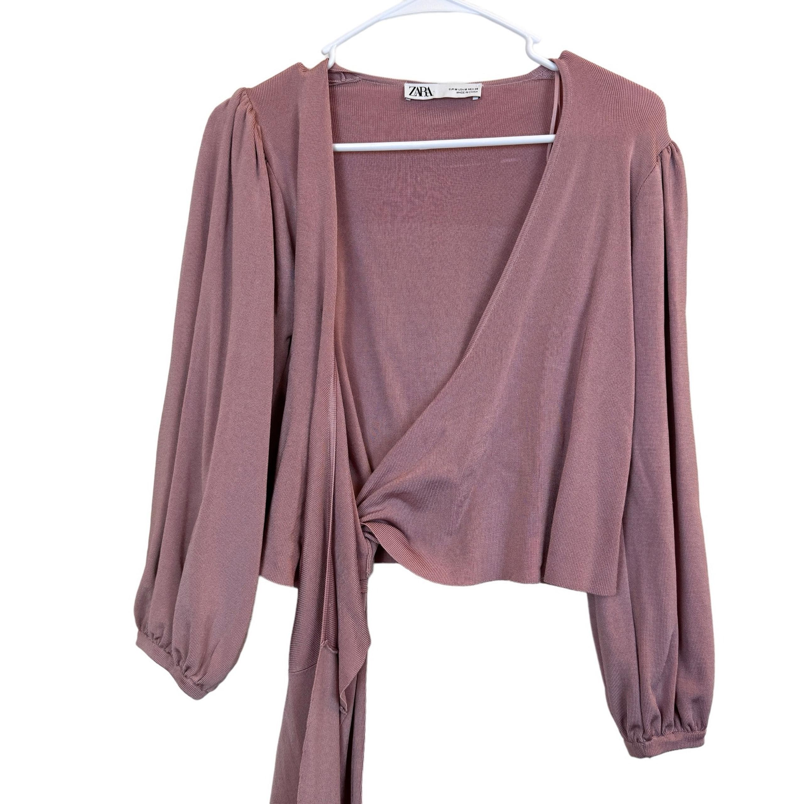 Women's Sz: M Wrap Crop Top Dusty Rose Pink Tie Side Balloon Sleeve Blouse - ZARA