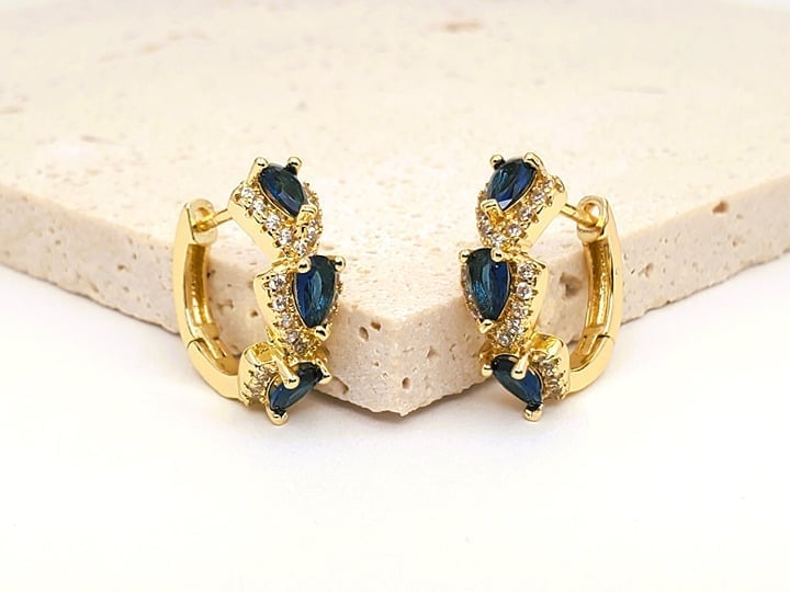 14K Gold Womens 2ct Blue Sapphire Gemstone 1ct Diamond Small Hoop Earrings NEW